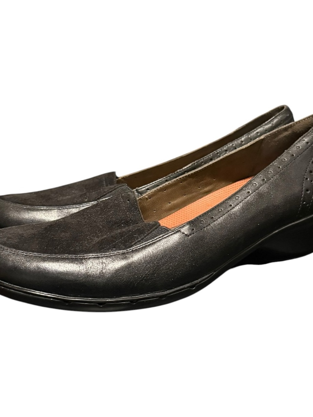 Clarks Unstructured Leather Slip On Loafers 10N Black Low Block Heel Almond Toe